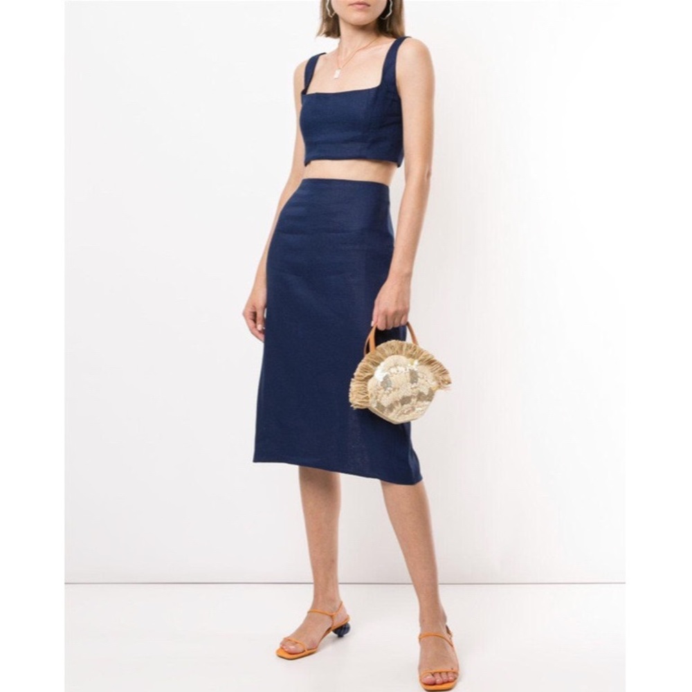 Reformation Navy Linen A-Line High Waisted Knee Length Skirt